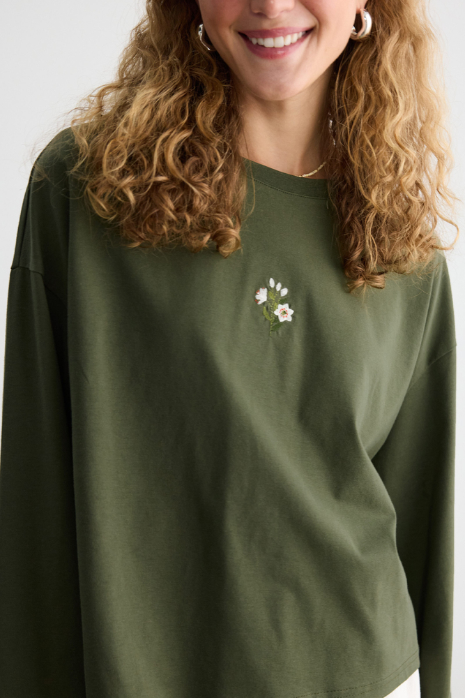 BE BLUE - HAKİ UZUN KOLLU NAKIŞLI T-SHIRT