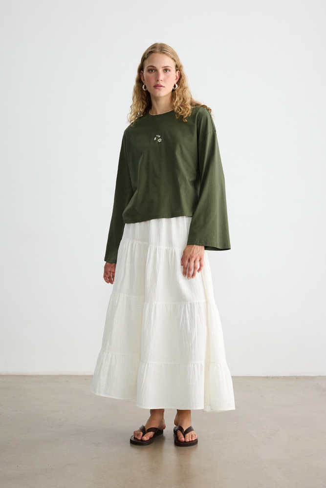 BE BLUE - HAKİ UZUN KOLLU NAKIŞLI T-SHIRT