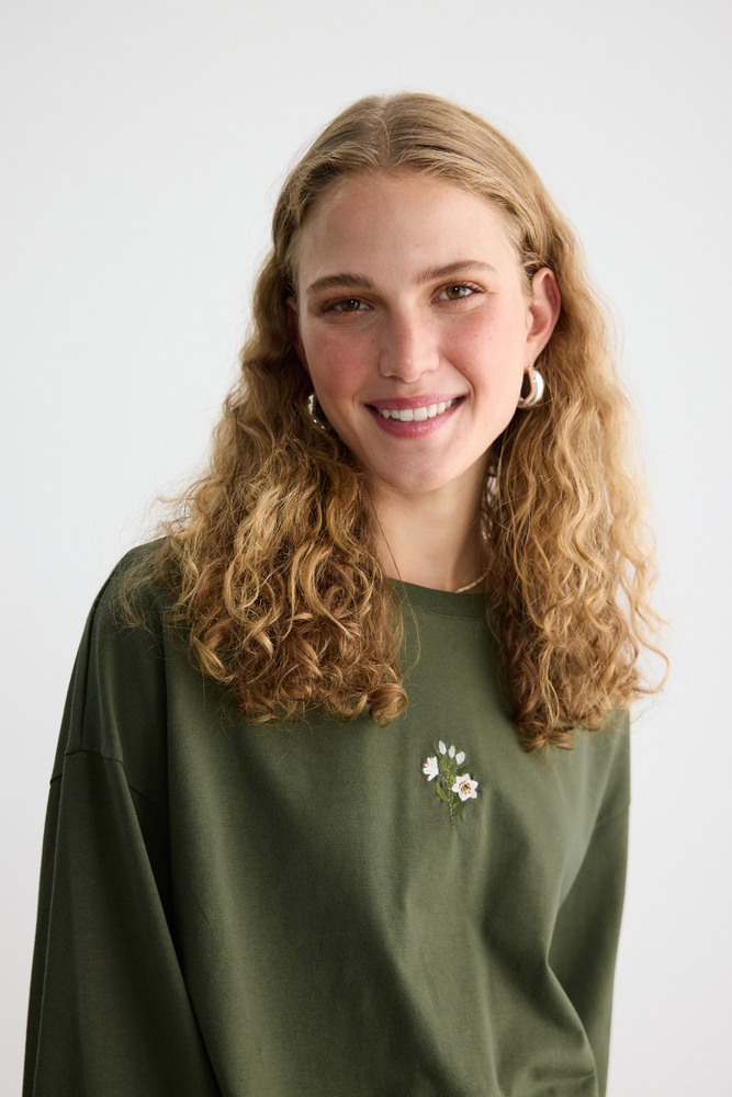 BE BLUE - HAKİ UZUN KOLLU NAKIŞLI T-SHIRT