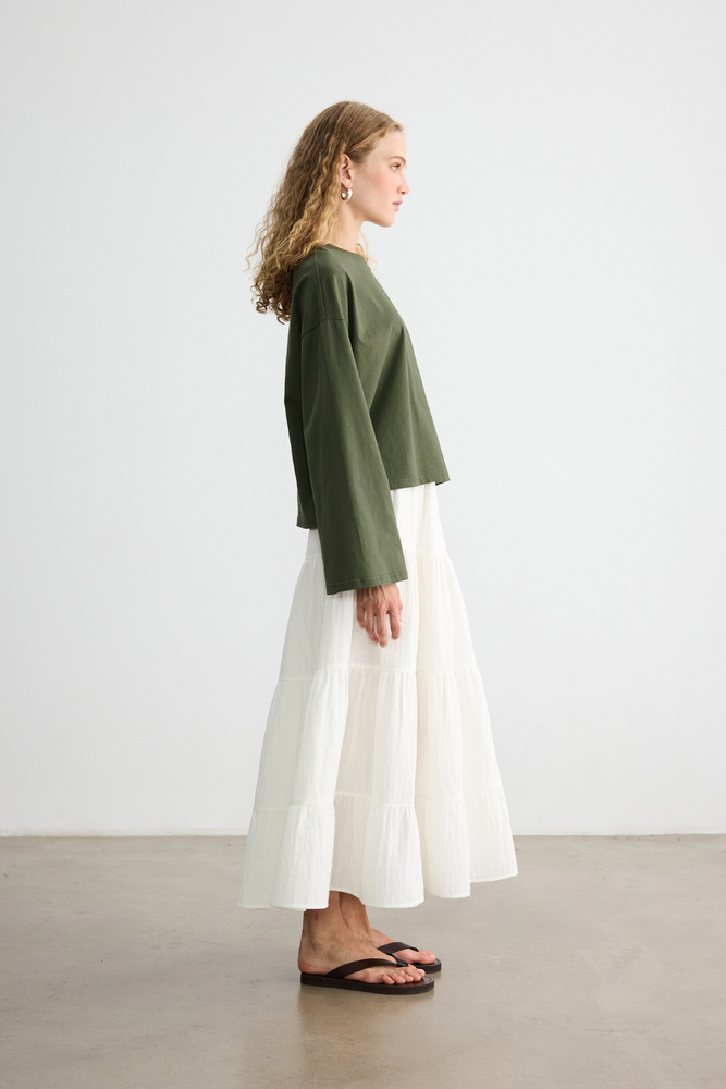 BE BLUE - HAKİ UZUN KOLLU NAKIŞLI T-SHIRT