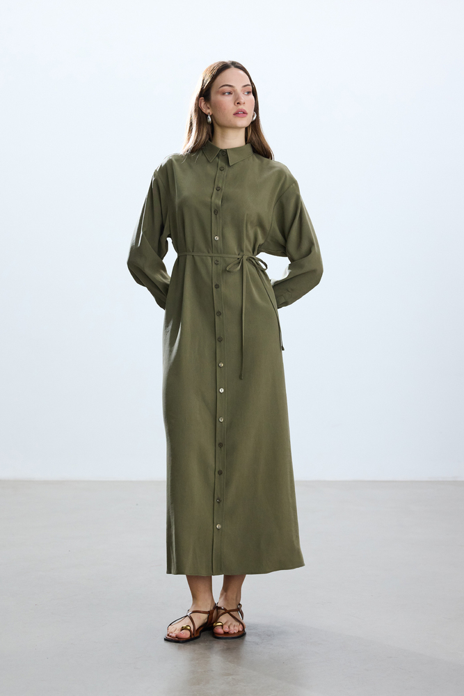 BE BLUE - HAKİ VINTAGE GÖMLEK ELBİSE