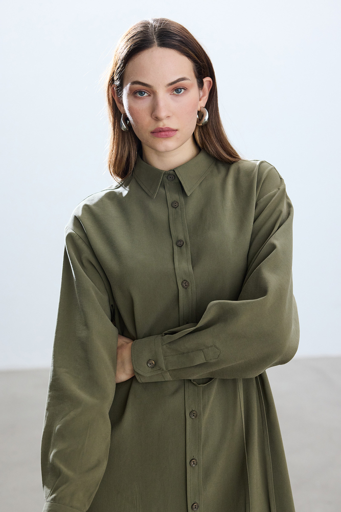 BE BLUE - HAKİ VINTAGE GÖMLEK ELBİSE