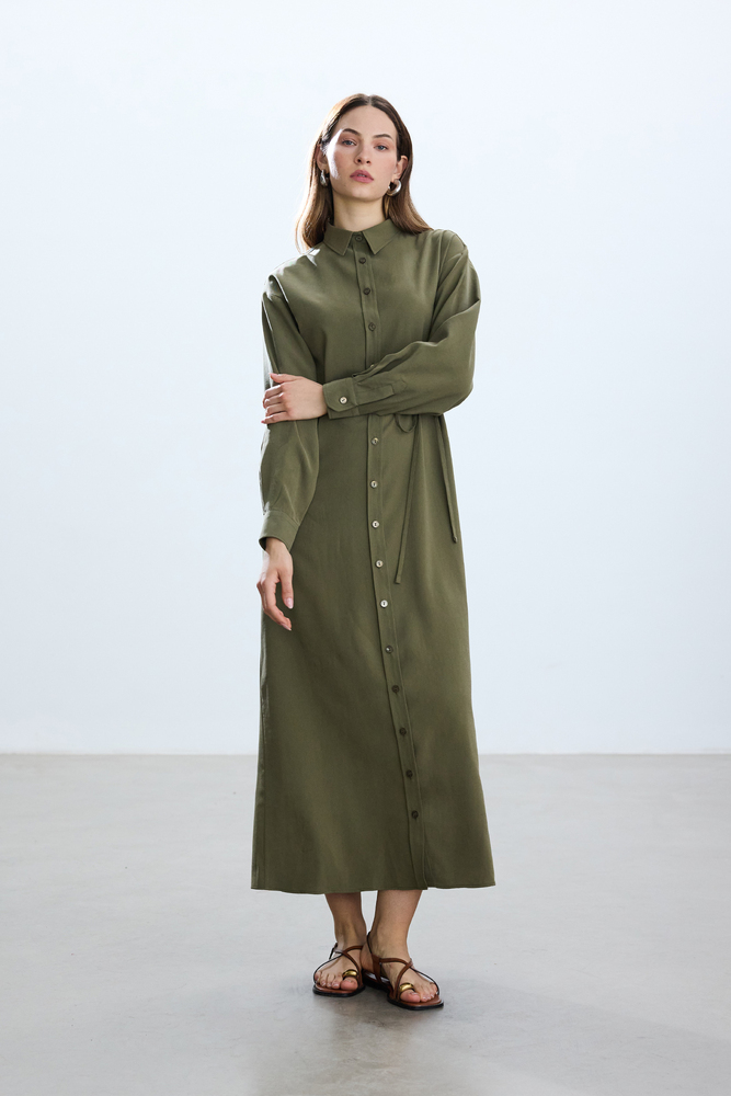 BE BLUE - HAKİ VINTAGE GÖMLEK ELBİSE