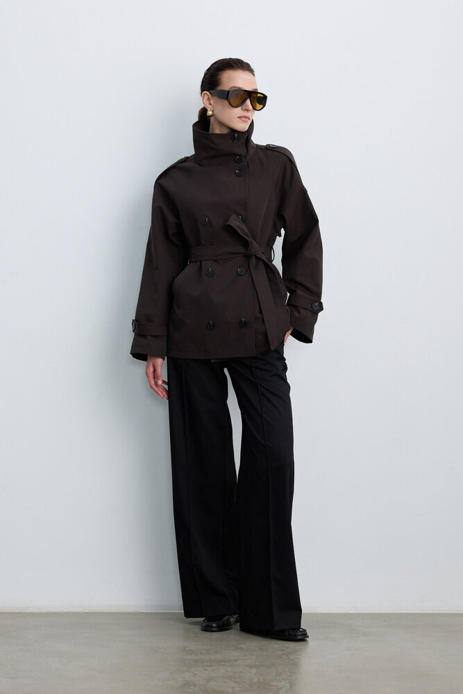 BE BLUE - KAHVERENGİ DİK YAKA TRENÇKOT