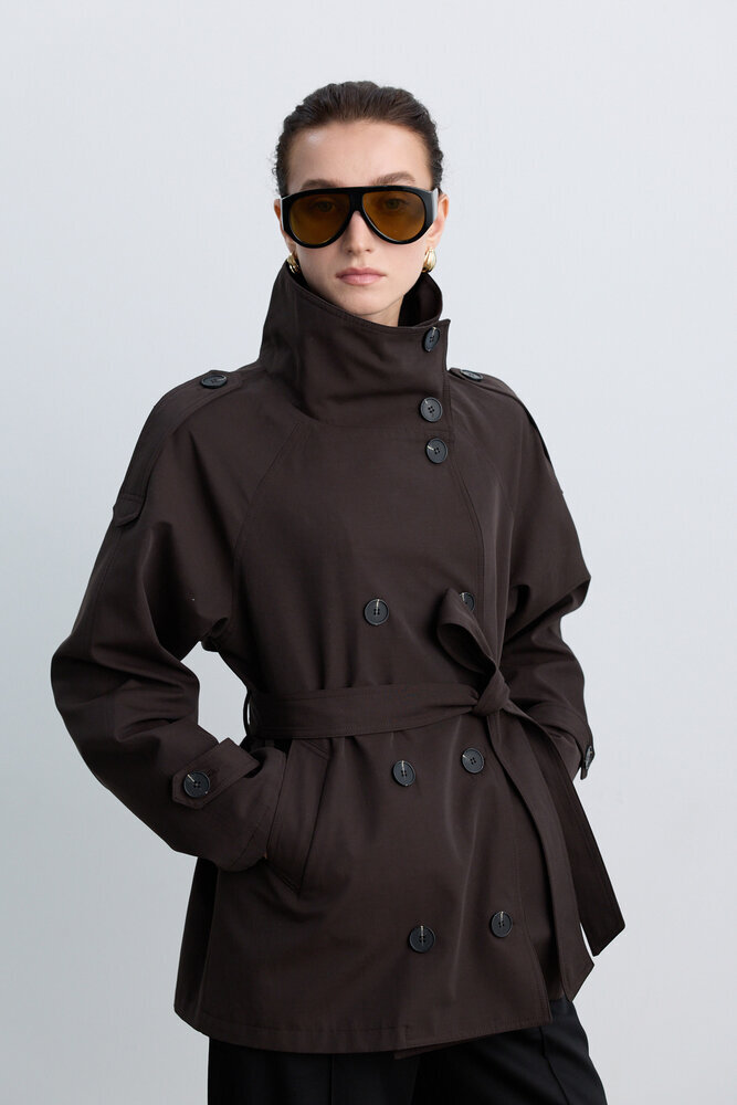 BE BLUE - KAHVERENGİ DİK YAKA TRENÇKOT