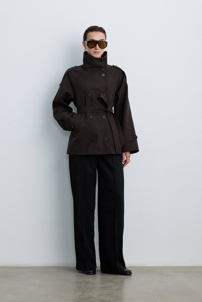 BE BLUE - KAHVERENGİ DİK YAKA TRENÇKOT