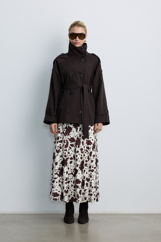 BE BLUE - KAHVERENGİ DİK YAKA TRENÇKOT