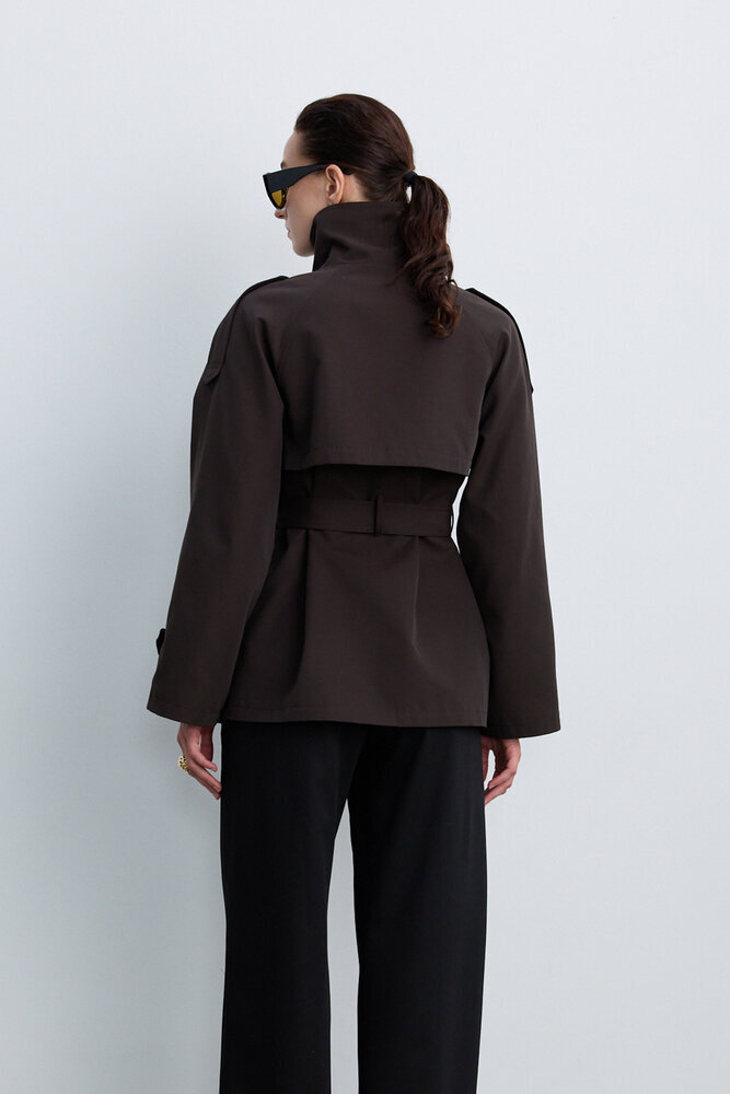 BE BLUE - KAHVERENGİ DİK YAKA TRENÇKOT