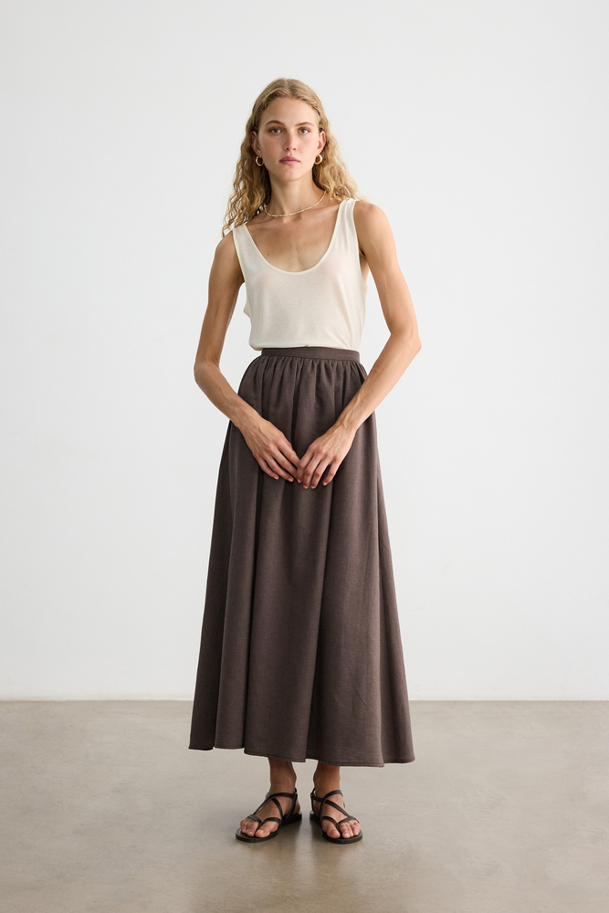 BE BLUE - KAHVERENGİ BELİ BÜZGÜLÜ PAMUK KETEN ETEK