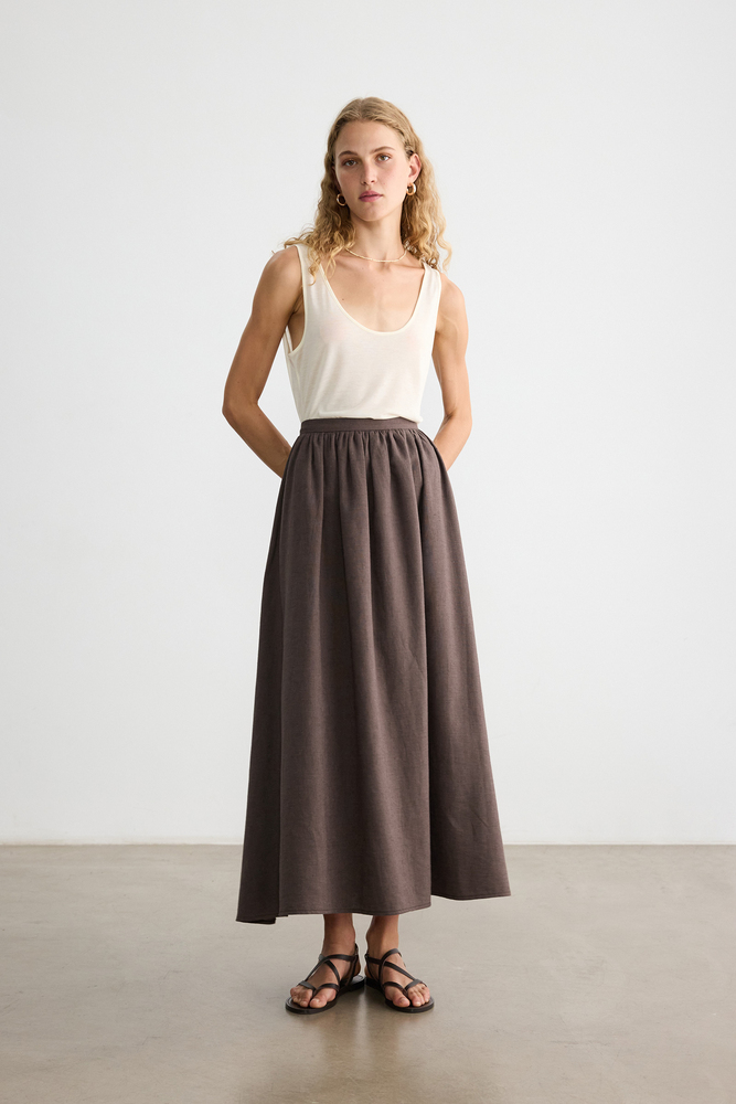 BE BLUE - KAHVERENGİ BELİ BÜZGÜLÜ PAMUK KETEN ETEK (1)