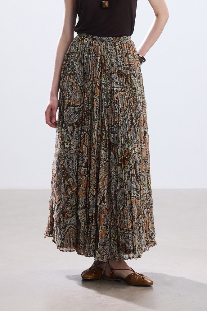 BE BLUE - KAHVERENGİ BOHO DESENLİ KRAŞLI ETEK