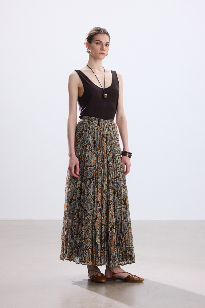 BE BLUE - KAHVERENGİ BOHO DESENLİ KRAŞLI ETEK