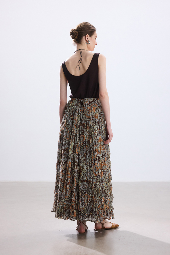 BE BLUE - KAHVERENGİ BOHO DESENLİ KRAŞLI ETEK