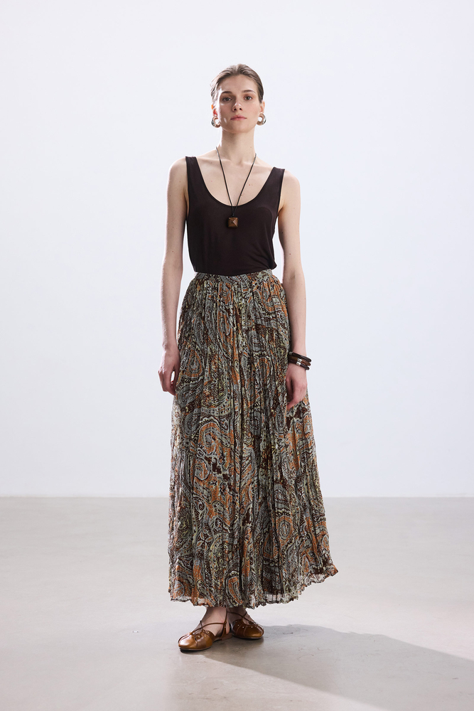 BE BLUE - KAHVERENGİ BOHO DESENLİ KRAŞLI ETEK