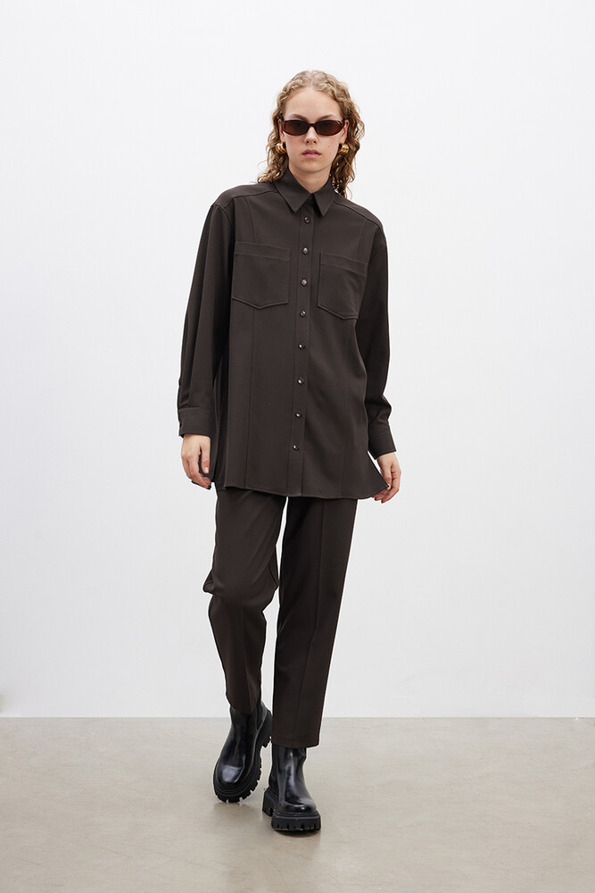 BE BLUE - KAHVERENGİ CEP DETAYLI GÖMLEK