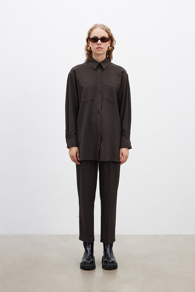 BE BLUE - KAHVERENGİ CEP DETAYLI GÖMLEK