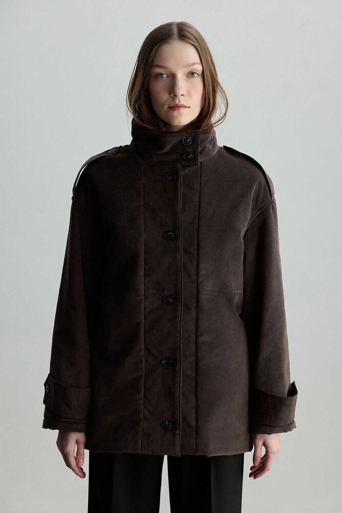 BE BLUE - KAHVERENGİ DİK YAKALI KADİFE MONT