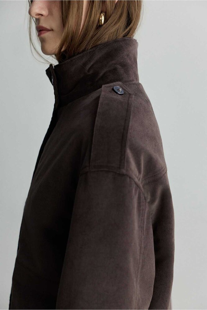 BE BLUE - KAHVERENGİ DİK YAKALI KADİFE MONT