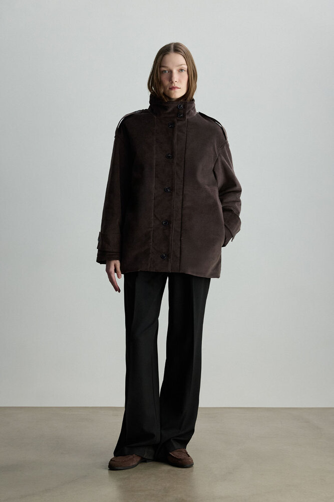 BE BLUE - KAHVERENGİ DİK YAKALI KADİFE MONT