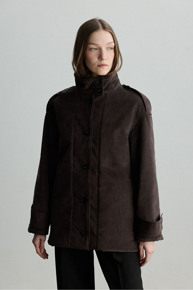 BE BLUE - KAHVERENGİ DİK YAKALI KADİFE MONT