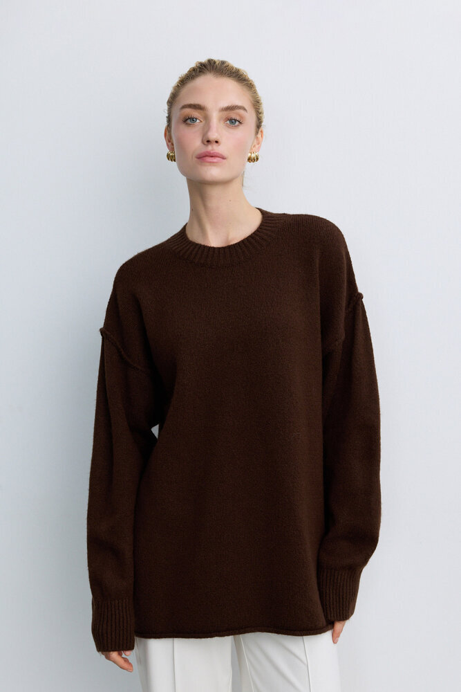 BE BLUE - KAHVERENGİ DİKİŞ DETAYLI TRİKO KAZAK