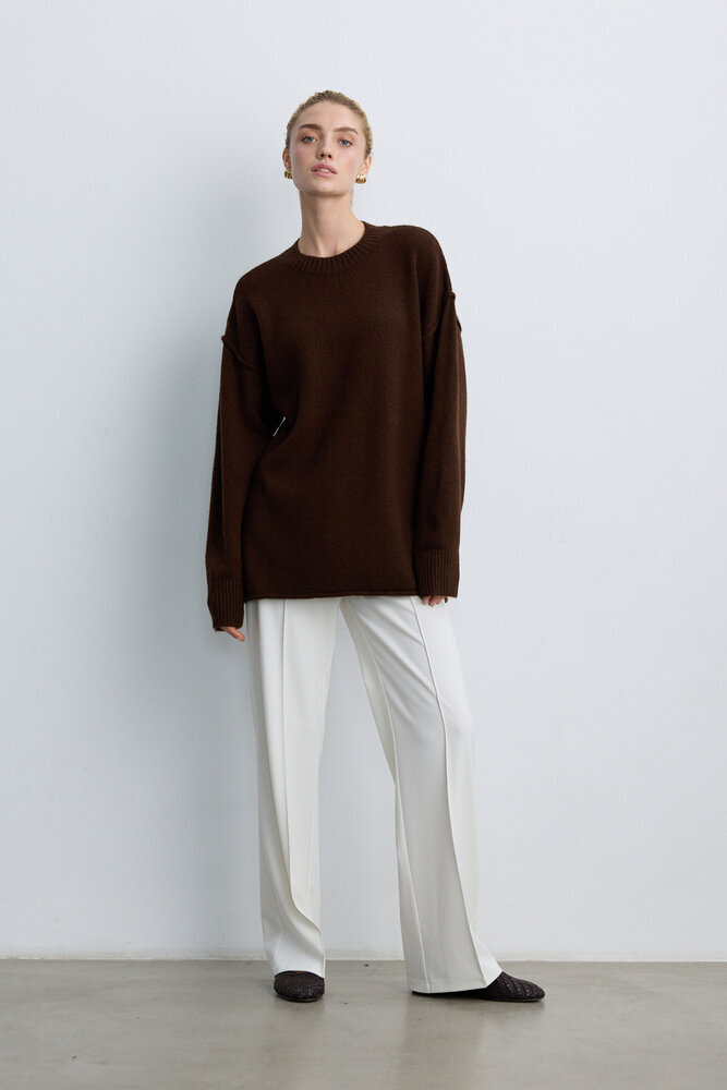 BE BLUE - KAHVERENGİ DİKİŞ DETAYLI TRİKO KAZAK