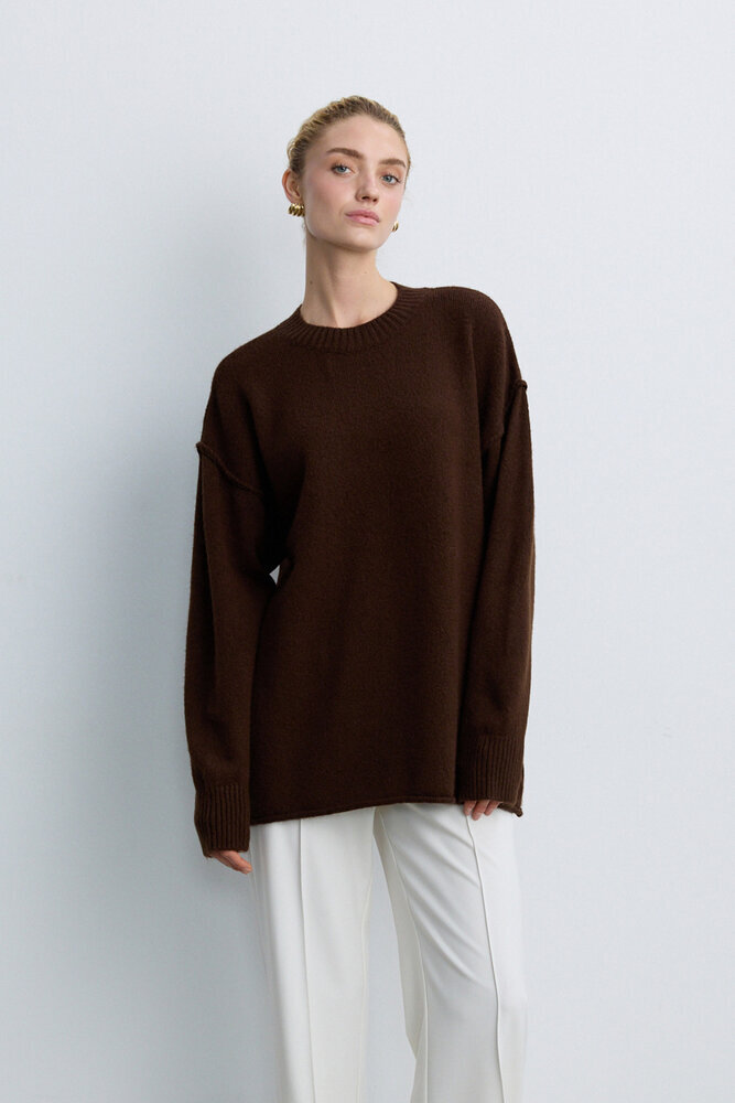 BE BLUE - KAHVERENGİ DİKİŞ DETAYLI TRİKO KAZAK