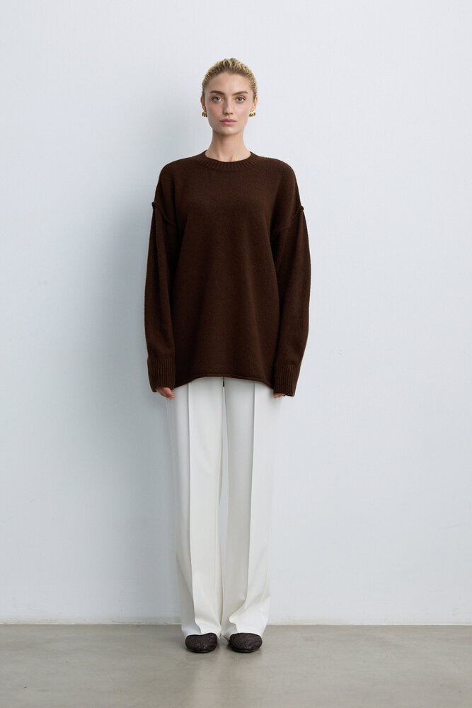 BE BLUE - KAHVERENGİ DİKİŞ DETAYLI TRİKO KAZAK