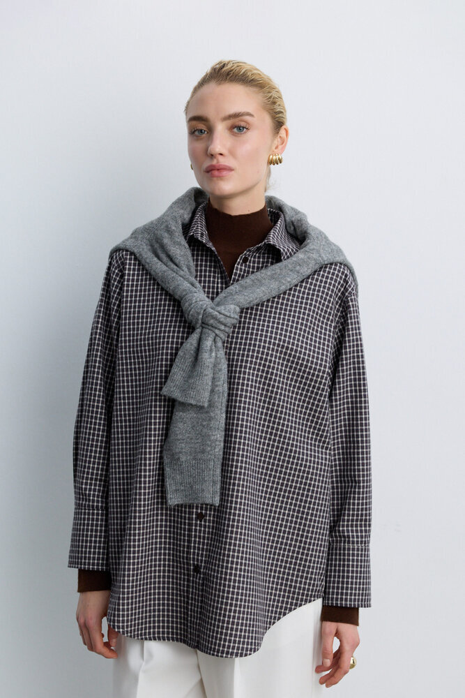 BE BLUE - KAHVERENGİ EKOSE DESENLİ KUŞAKLI GÖMLEK