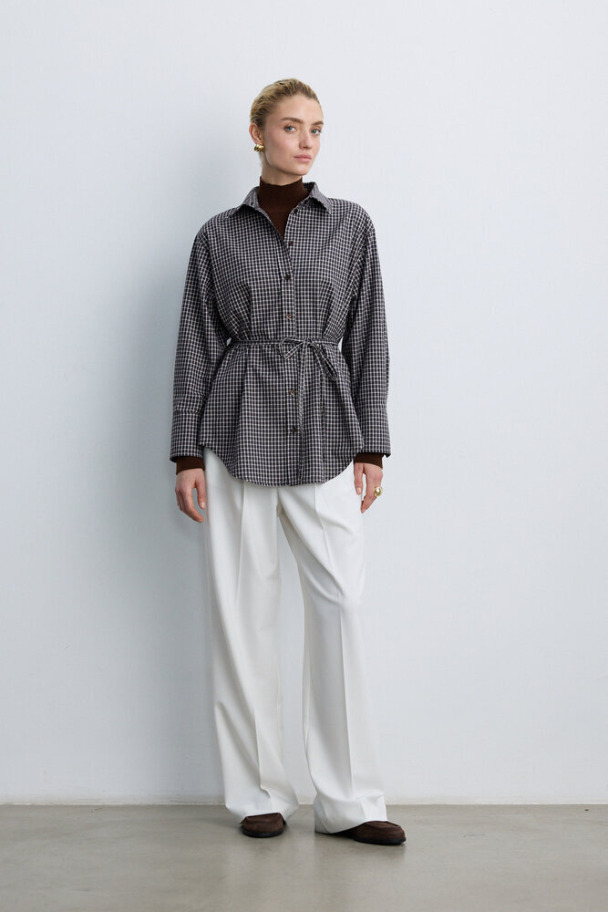 BE BLUE - KAHVERENGİ EKOSE DESENLİ KUŞAKLI GÖMLEK