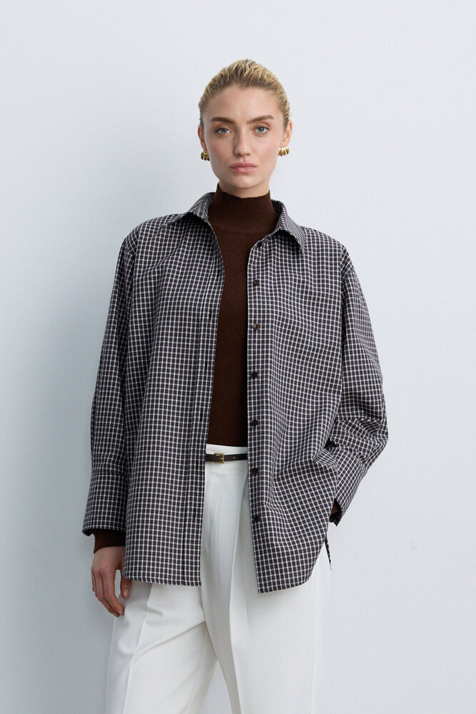 BE BLUE - KAHVERENGİ EKOSE DESENLİ KUŞAKLI GÖMLEK