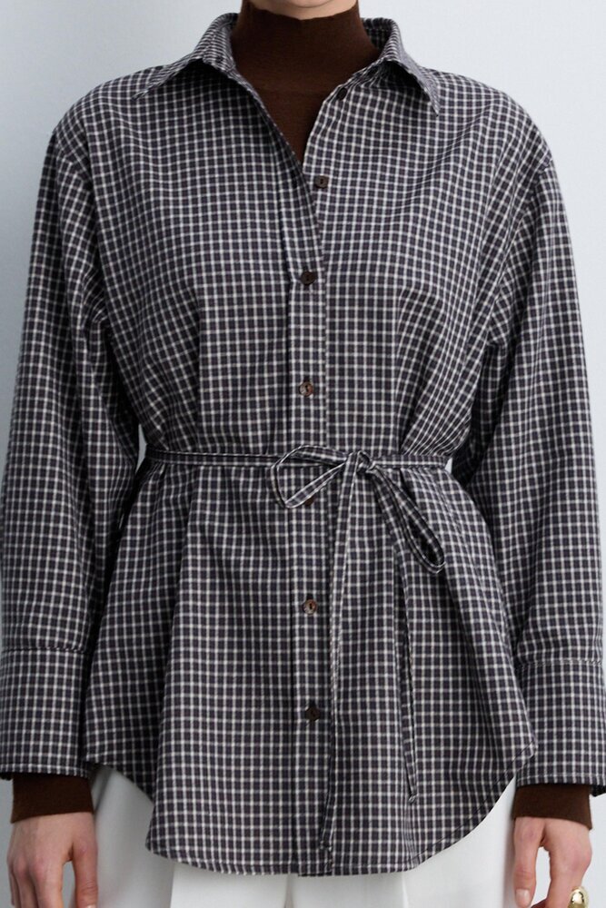 BE BLUE - KAHVERENGİ EKOSE DESENLİ KUŞAKLI GÖMLEK