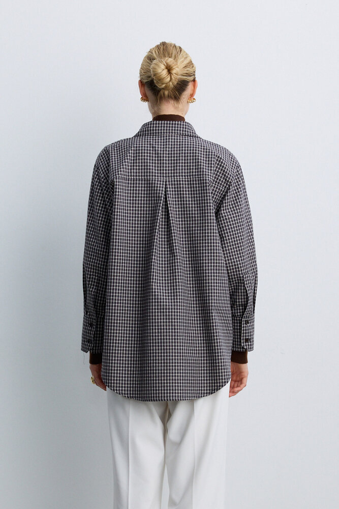 BE BLUE - KAHVERENGİ EKOSE DESENLİ KUŞAKLI GÖMLEK