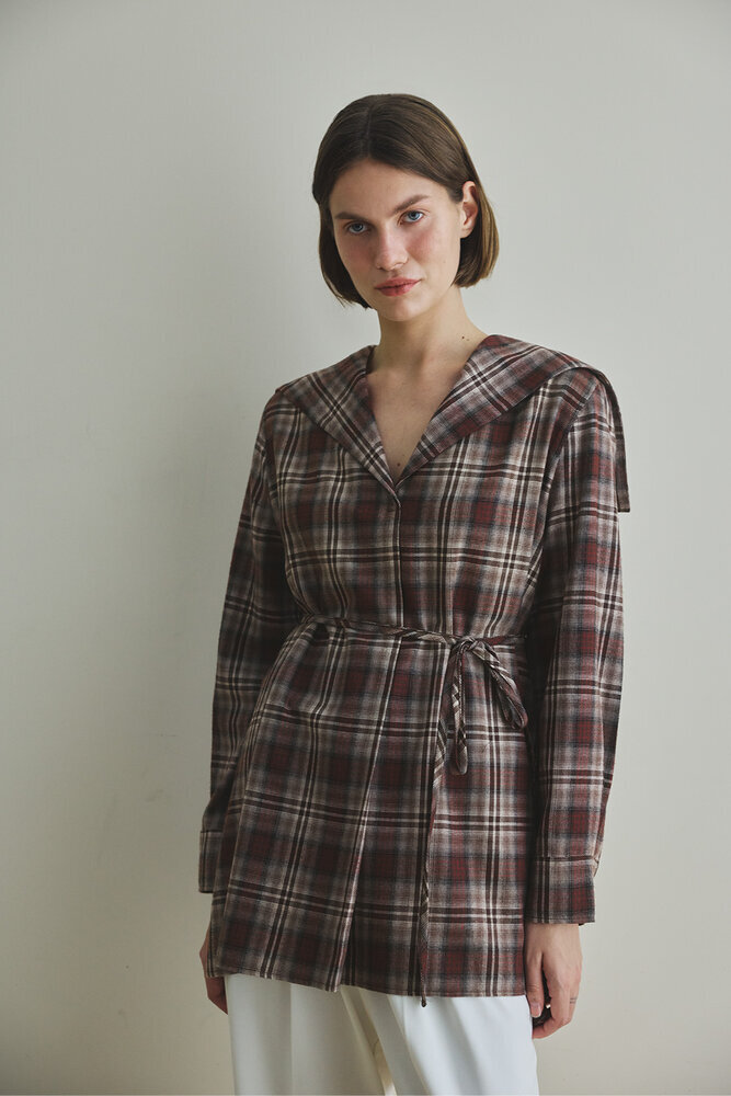 BE BLUE - KAHVERENGİ EKOSE YAKA DETAYLI GÖMLEK