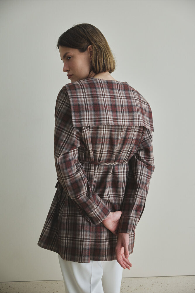 BE BLUE - KAHVERENGİ EKOSE YAKA DETAYLI GÖMLEK