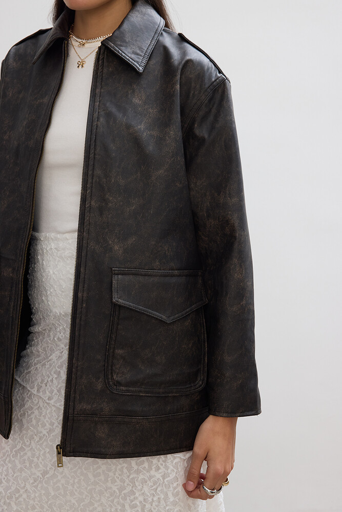 BE BLUE - KAHVERENGİ ESKİTMELİ DERİ CEKET