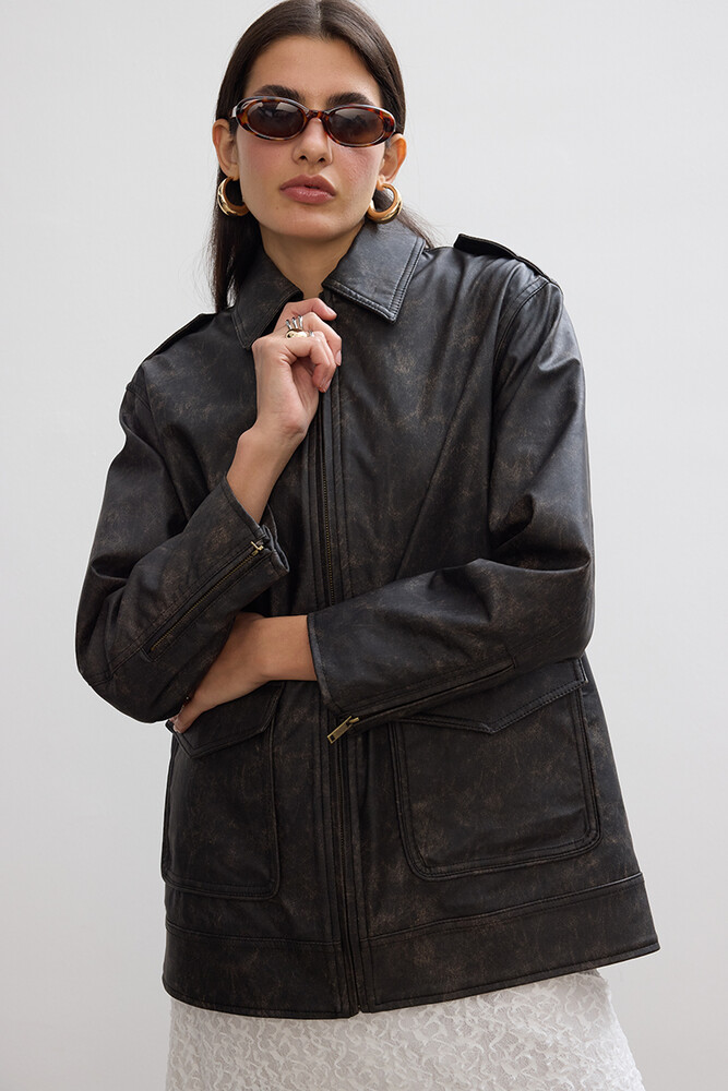 BE BLUE - KAHVERENGİ ESKİTMELİ DERİ CEKET