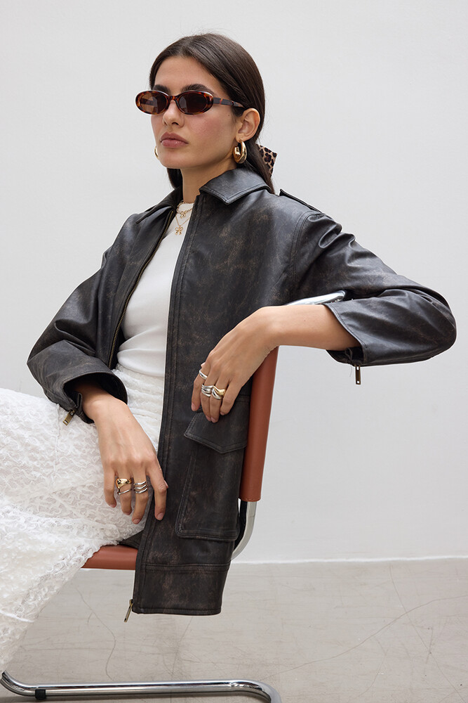 BE BLUE - KAHVERENGİ ESKİTMELİ DERİ CEKET