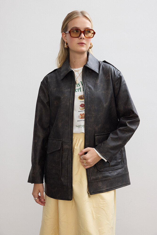 BE BLUE - KAHVERENGİ ESKİTMELİ DERİ CEKET