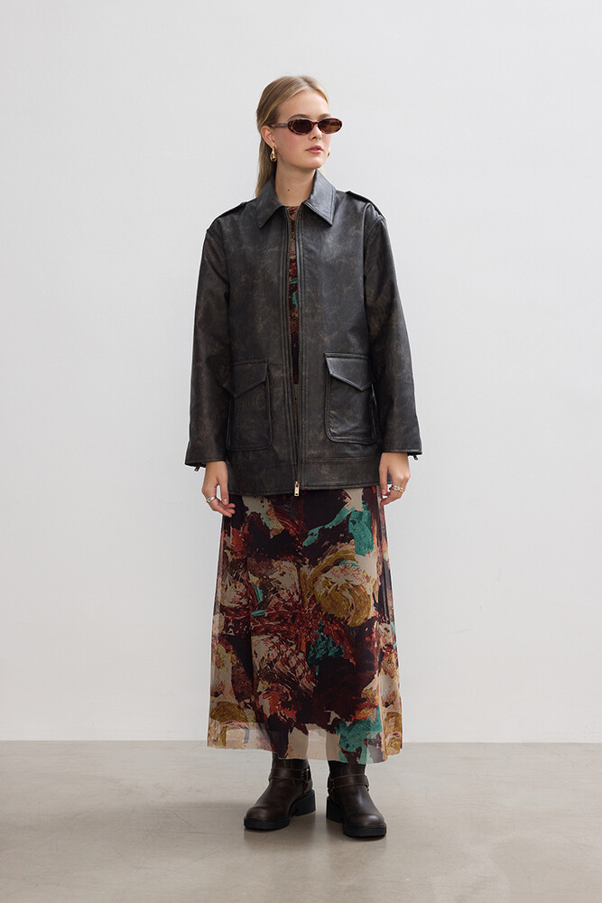 BE BLUE - KAHVERENGİ ESKİTMELİ DERİ CEKET