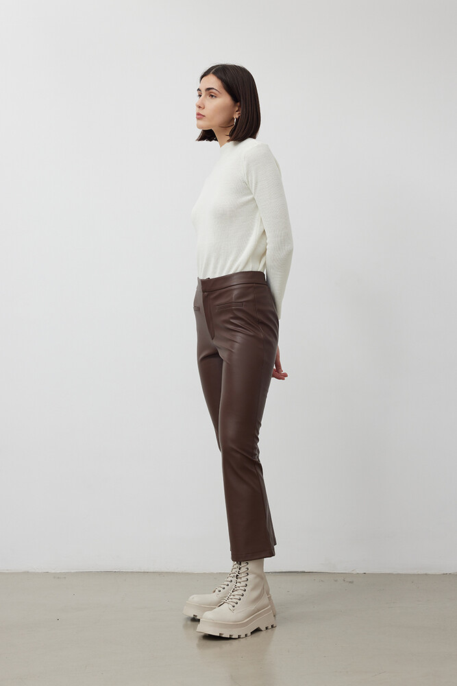 BE BLUE - KAHVERENGİ FLARE DERİ PANTOLON