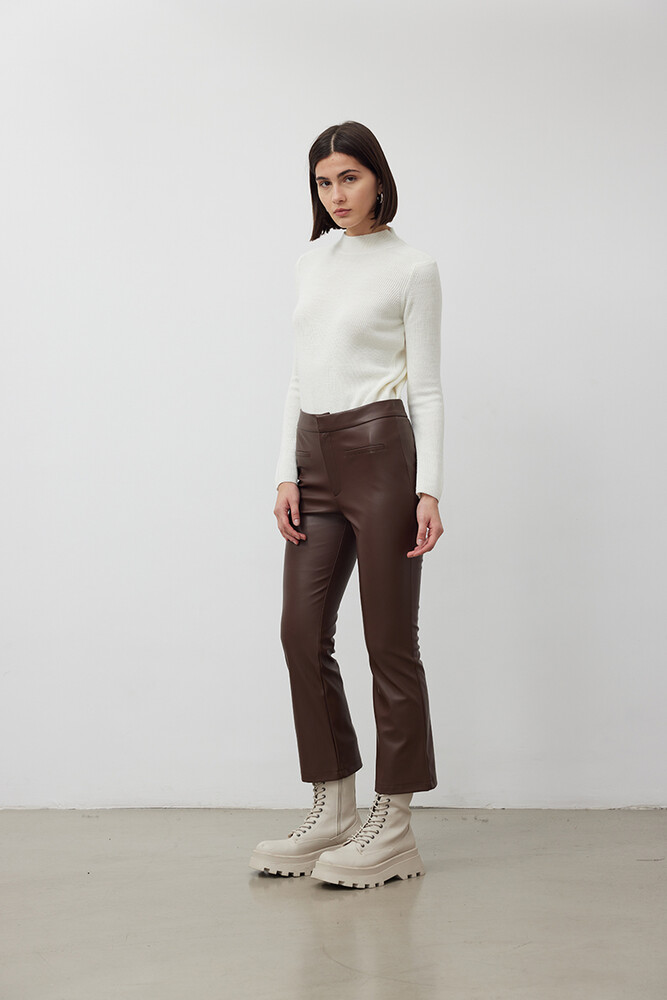BE BLUE - KAHVERENGİ FLARE DERİ PANTOLON