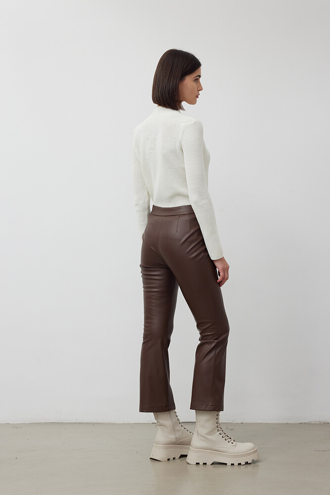 BE BLUE - KAHVERENGİ FLARE DERİ PANTOLON