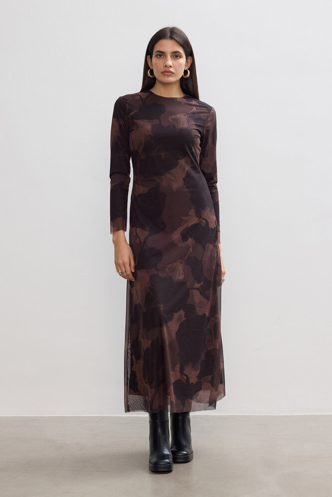 BE BLUE - KAHVERENGİ FLORAL TÜL ELBİSE