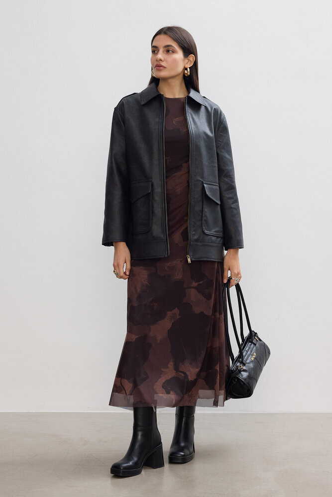 BE BLUE - KAHVERENGİ FLORAL TÜL ELBİSE