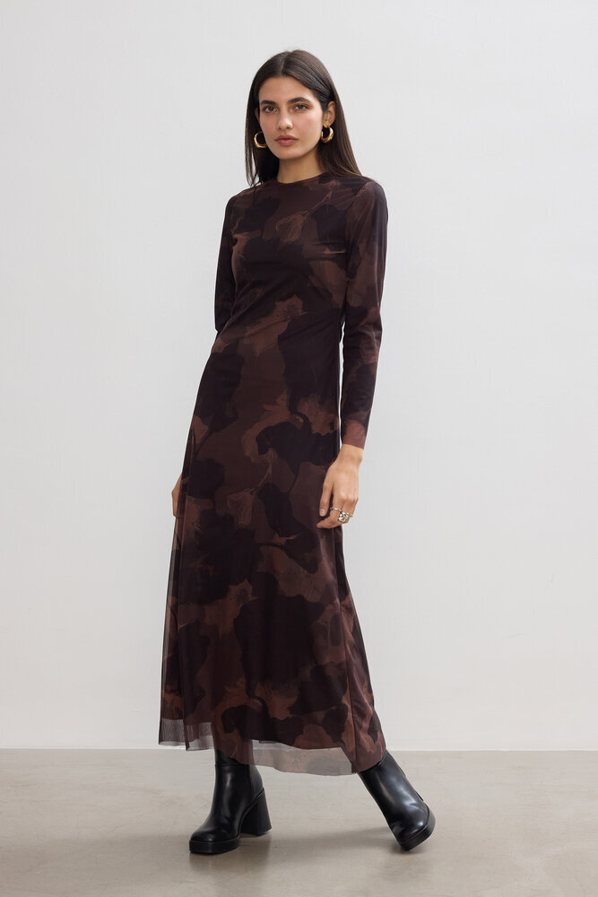 BE BLUE - KAHVERENGİ FLORAL TÜL ELBİSE