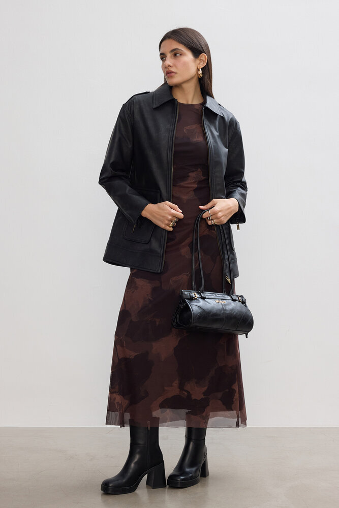 BE BLUE - KAHVERENGİ FLORAL TÜL ELBİSE