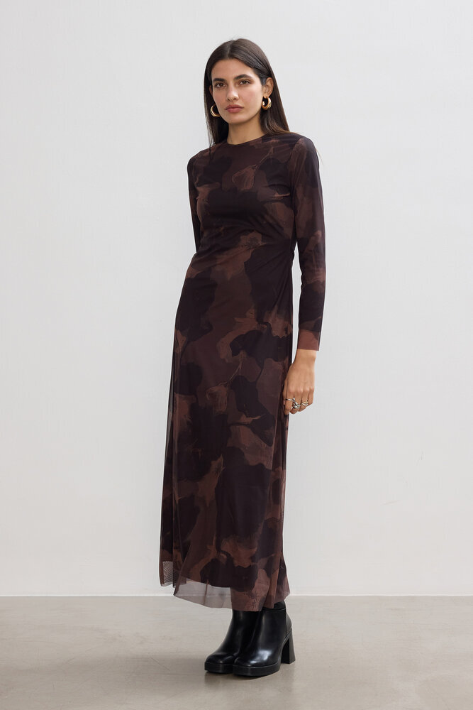 BE BLUE - KAHVERENGİ FLORAL TÜL ELBİSE