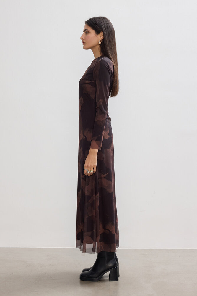 BE BLUE - KAHVERENGİ FLORAL TÜL ELBİSE