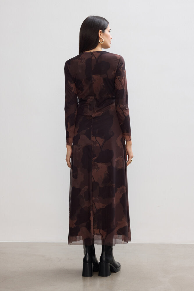 BE BLUE - KAHVERENGİ FLORAL TÜL ELBİSE